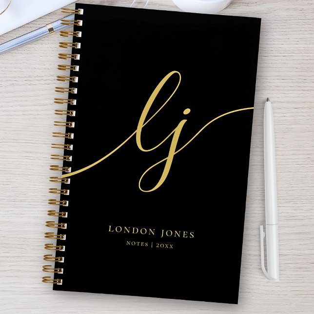 Cuaderno Monograma Negro Dorado Caligrafía Script 2 Inicial (Subido por el creador)