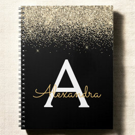 Cuaderno Monograma negro dorado Purpurina negro moderno