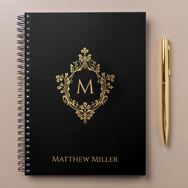 Cuaderno Monograma Negro Elegante Ornate Faux Gold Escudo N (Subido por el creador)