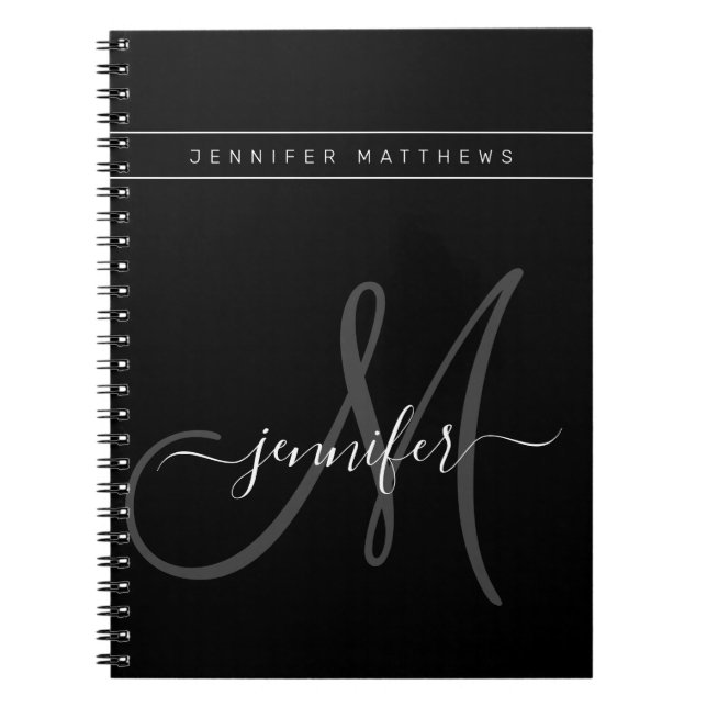 Cuaderno Monograma negro gris con guión elegante personaliz (Frente)