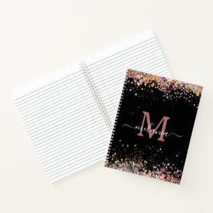 Cuaderno Monograma negro holográfico moderno con Purpurina
