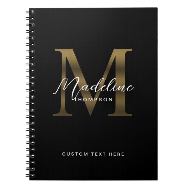 Cuaderno Monograma negro metálico minimalista en oro (Frente)