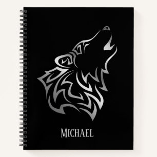 Cuaderno Monograma negro plateado del lobo Howling