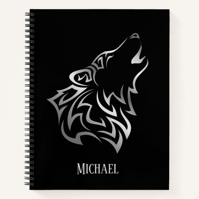 Cuaderno Monograma negro plateado del lobo Howling (Anverso)