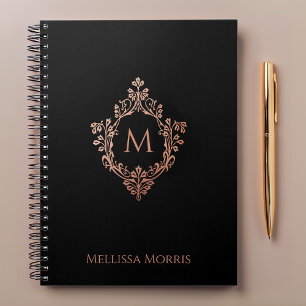 Cuaderno Monograma Negro Rosa Elegante Cresta de Oro Rosa c