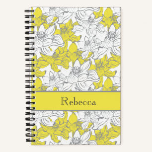 Cuaderno Monograma nombre amarillo gris blanco floral flore