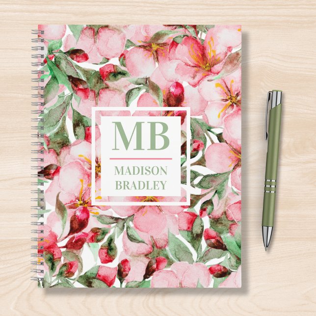 Cuaderno Monograma Nombre Cerezo Blossom Agua Flora (Subido por el creador)