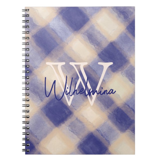 Cuaderno Monograma nombre crema azul marino gingham tartan  (Frente)
