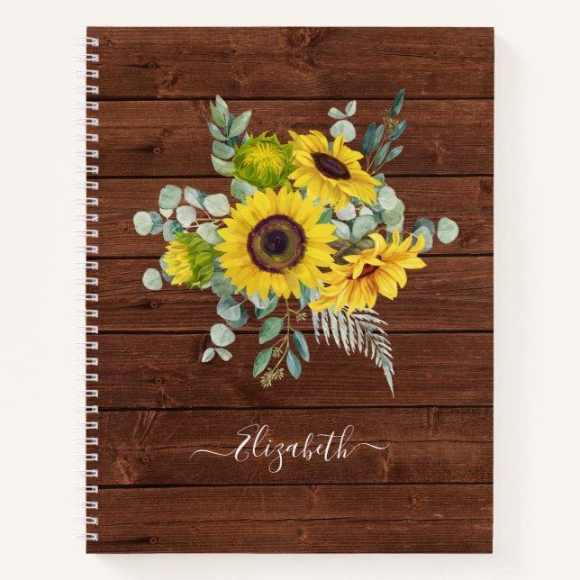 Cuaderno Monograma Nombre Crepúsculo Madera Rústica Girasol (Anverso)
