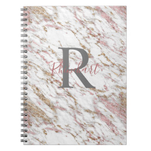 Cuaderno Monograma Nombre Inicial Mármol Blanco Gris Oro Ro