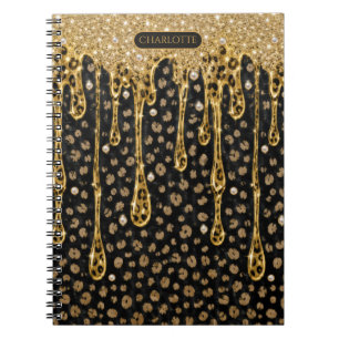 Cuaderno Monograma Nombre Negro Oro Brillo Goteante Glam
