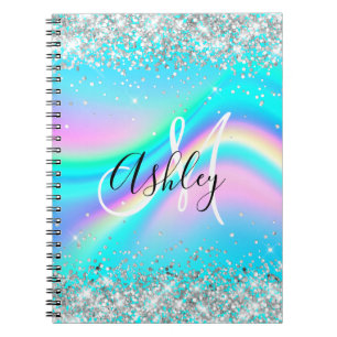 Cuaderno Monograma Ómbré Aqua Ola Arcoíris Brillo Plateado