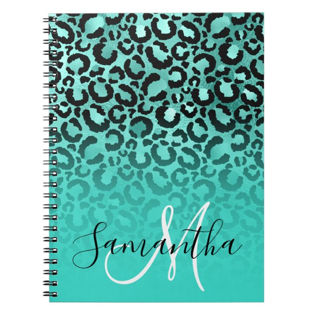 Cuaderno Monograma Ombre de puntos de leopardo turquesa neg (Frente)