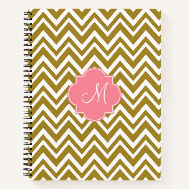 Cuaderno Monograma Oro y Patrón Chevron Blanco con Rosa (Anverso)
