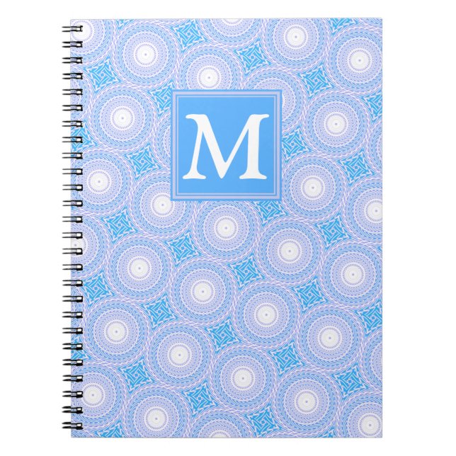 Cuaderno Monograma Patrón de círculos azules eléctricos (Frente)