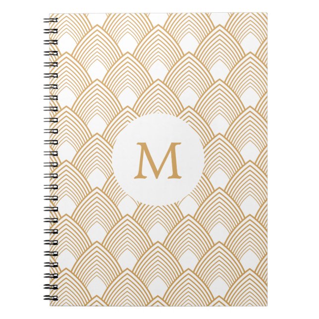 Cuaderno Monograma Patrón de oro y Art Decó Blanco (Frente)
