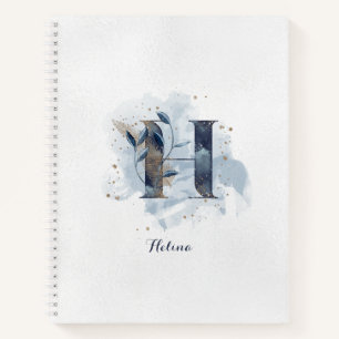 Cuaderno Monograma personal floral moderno letra H Oro azul