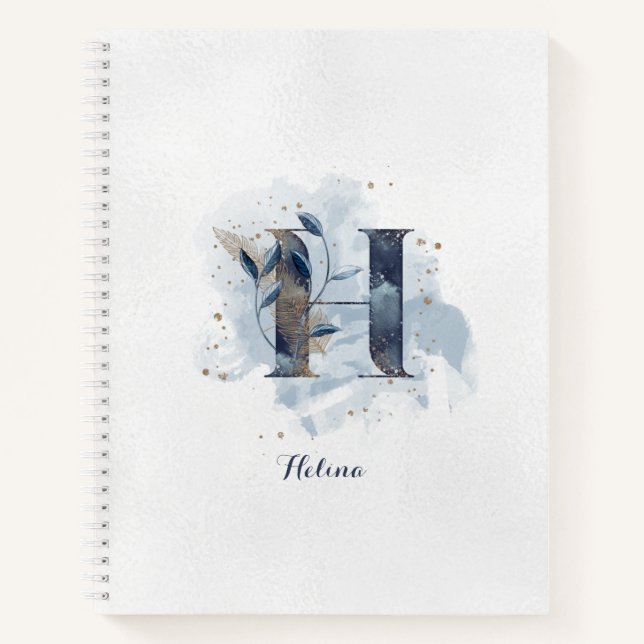 Cuaderno Monograma personal floral moderno letra H Oro azul (Anverso)