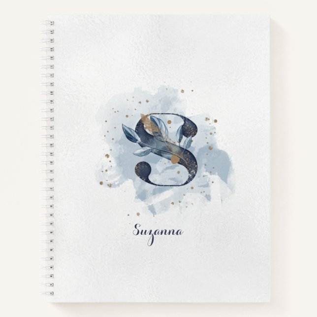 Cuaderno Monograma personal floral moderno Letra S Oro azul (Anverso)