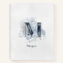 Cuaderno Monograma personal floral moderno M oro azul