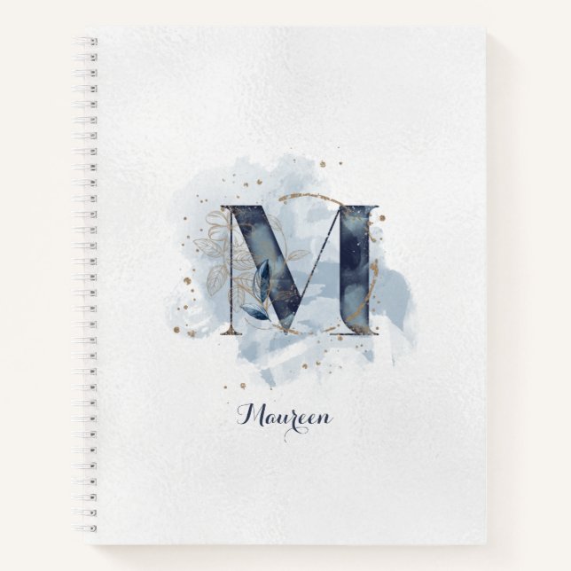 Cuaderno Monograma personal floral moderno M oro azul (Anverso)