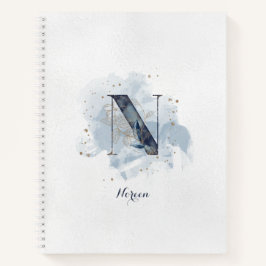 Cuaderno Monograma personal floral moderno N oro azul