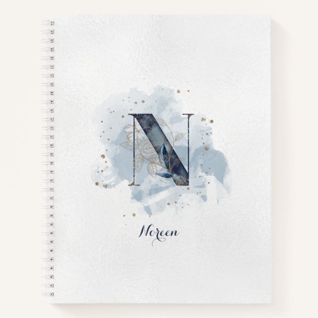 Cuaderno Monograma personal floral moderno N oro azul (Anverso)
