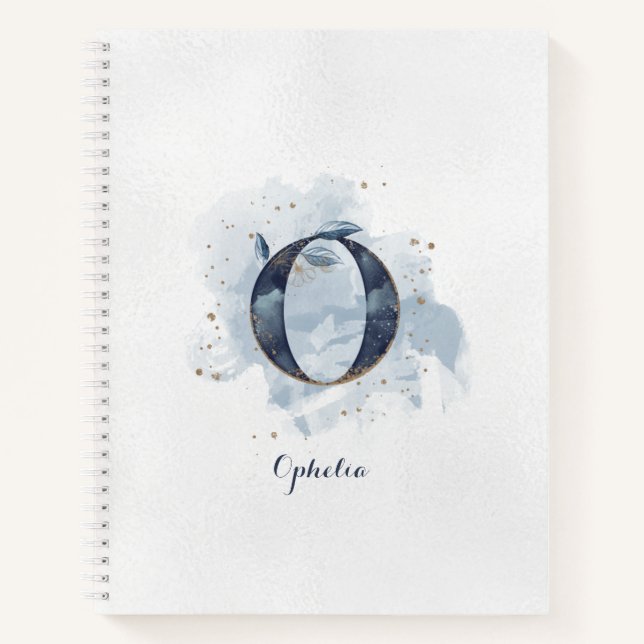 Cuaderno Monograma personal floral moderno O oro azul (Anverso)