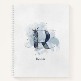 Cuaderno Monograma personal floral moderno R oro azul