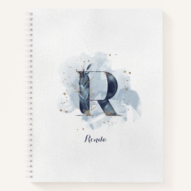Cuaderno Monograma personal floral moderno R oro azul (Anverso)