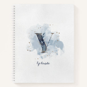 Cuaderno Monograma personal floral moderno Y oro azul