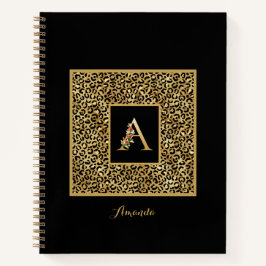 Cuaderno Monograma personal moderno de leopardo dorado letr