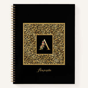 Cuaderno Monograma personal moderno de leopardo dorado letr