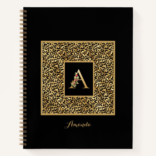 Cuaderno Monograma personal moderno de leopardo dorado letr (Anverso)