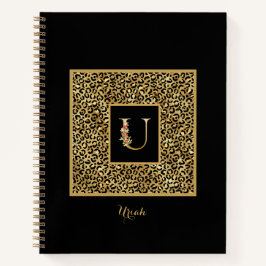 Cuaderno Monograma personal moderno de leopardo dorado letr