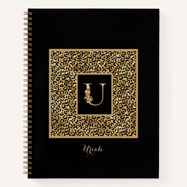 Cuaderno Monograma personal moderno de leopardo dorado letr (Anverso)
