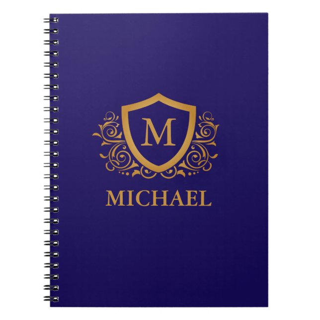Cuaderno Monograma personalizado azul marino y oro (Frente)