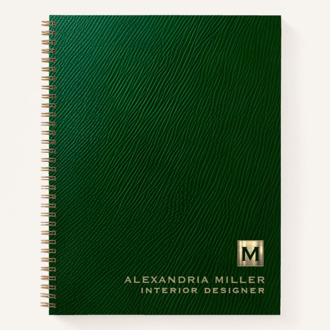 Cuaderno Monograma personalizado con aspecto de cuero verde (Anverso)