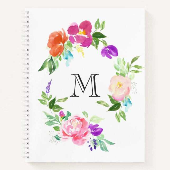 Cuaderno Monograma personalizado de flor acuarela (Anverso)