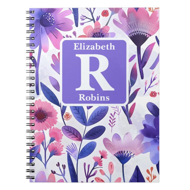 Cuaderno Monograma personalizado de flores púrpura pintadas (Frente)