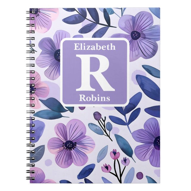 Cuaderno Monograma personalizado de flores púrpura pintadas (Frente)