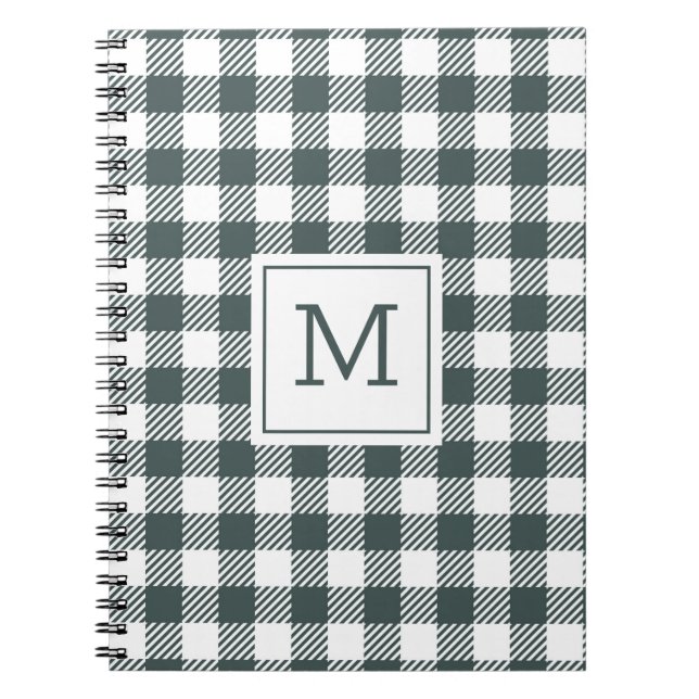 Cuaderno Monograma personalizado de gingham verde a cuadros (Frente)