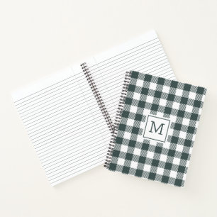 Cuaderno Monograma personalizado de gingham verde a cuadros