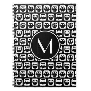 Cuaderno Monograma personalizado de lechuzas negras y blanc