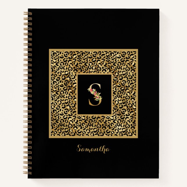 Cuaderno Monograma personalizado de leopardo dorado moderno (Anverso)