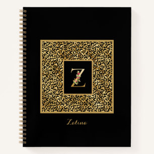 Cuaderno Monograma personalizado de leopardo dorado moderno