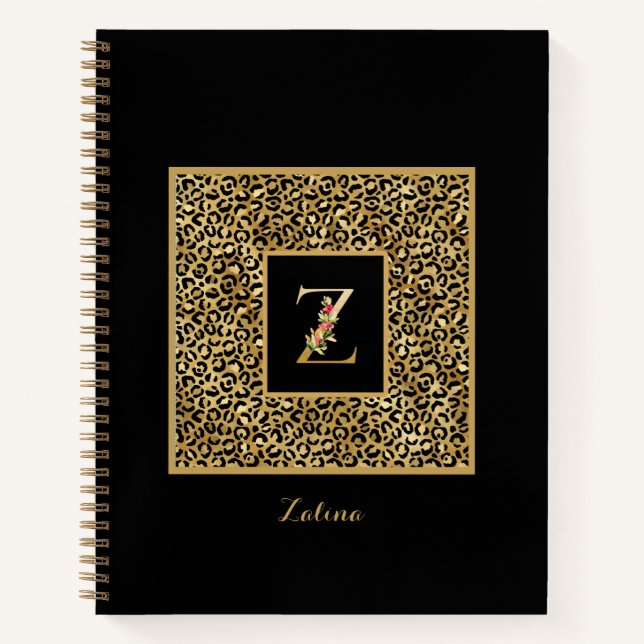 Cuaderno Monograma personalizado de leopardo dorado moderno (Anverso)