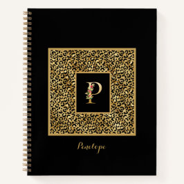 Cuaderno Monograma personalizado de leopardo dorado moderno