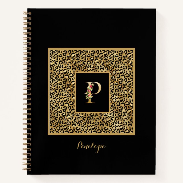 Cuaderno Monograma personalizado de leopardo dorado moderno (Anverso)