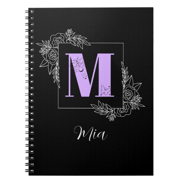 Cuaderno Monograma Personalizado de mariposa morada floral  (Frente)